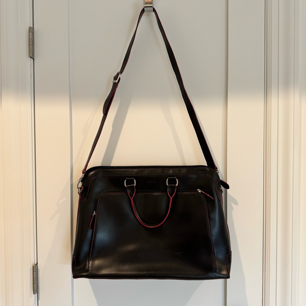 LODIS Black Leather Handbag with Red Accents